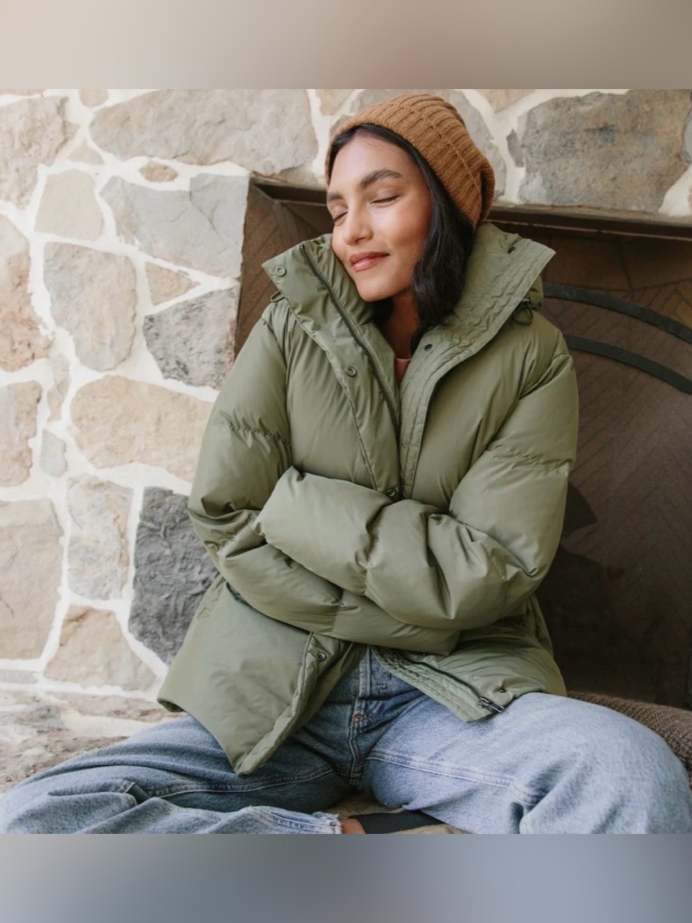Jenni Kayne puffer jacket in olive green duck down feather winter outdoor hood